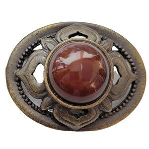 Ginnie Johansen Oval Gold Tone Red Glass Center Cab Pin Brooch, Signed